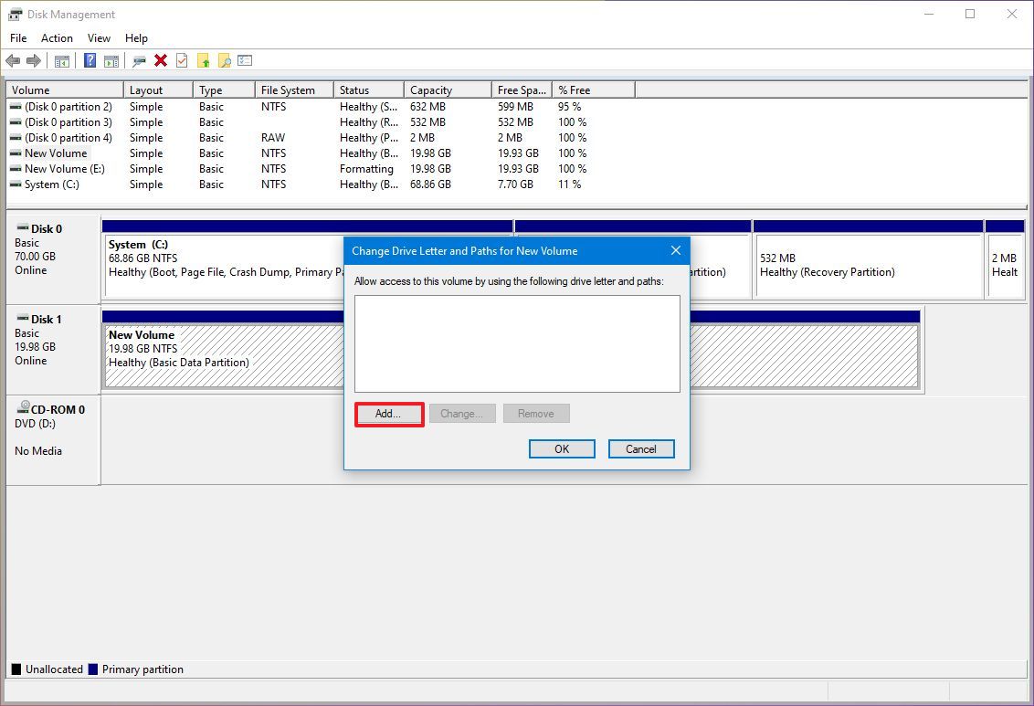 Windows 10 add drive letter fix storage access