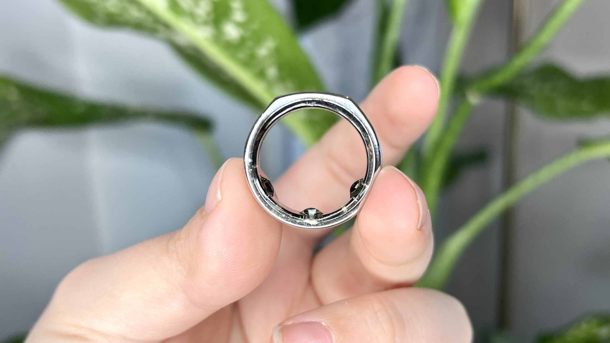 Oura Ring Generation 3 held between a person's fingers in front of a houseplant