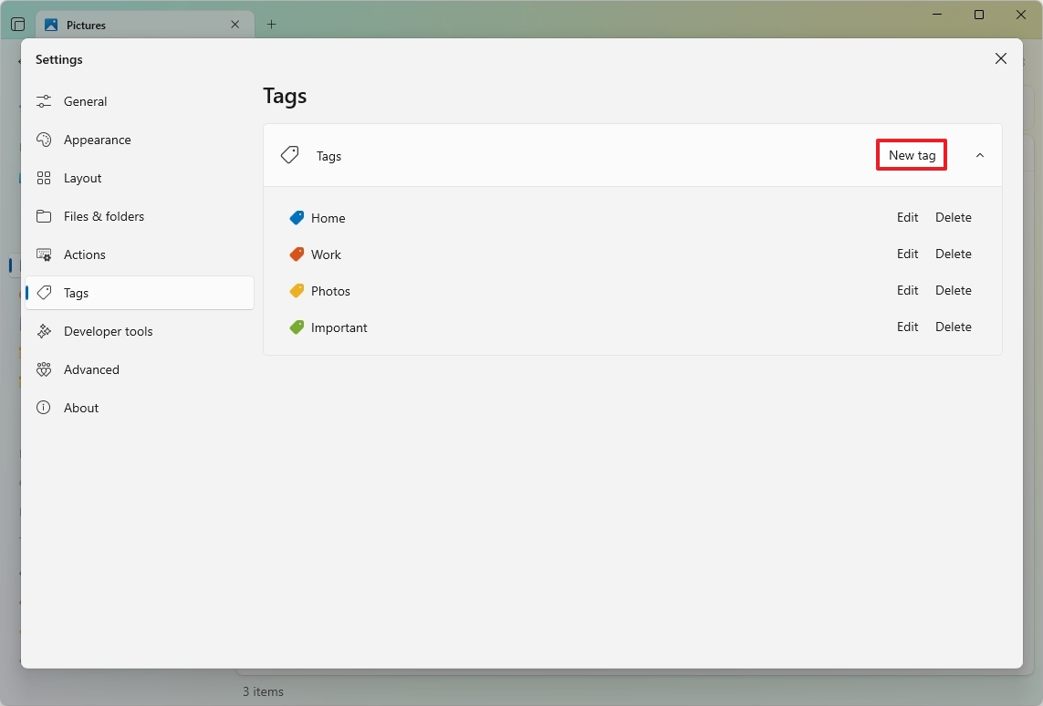 Files App create new tag