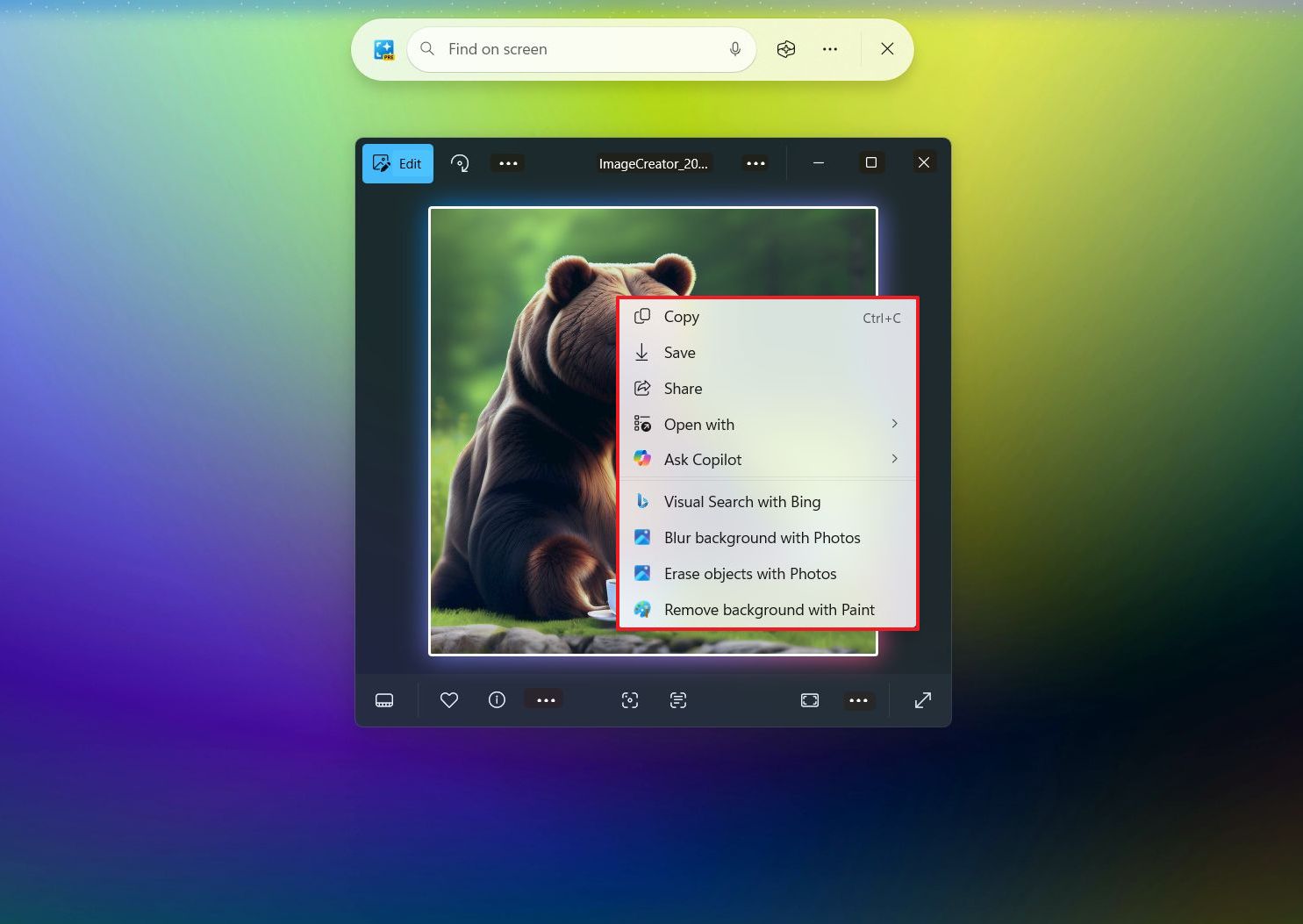 Click to Do image AI options