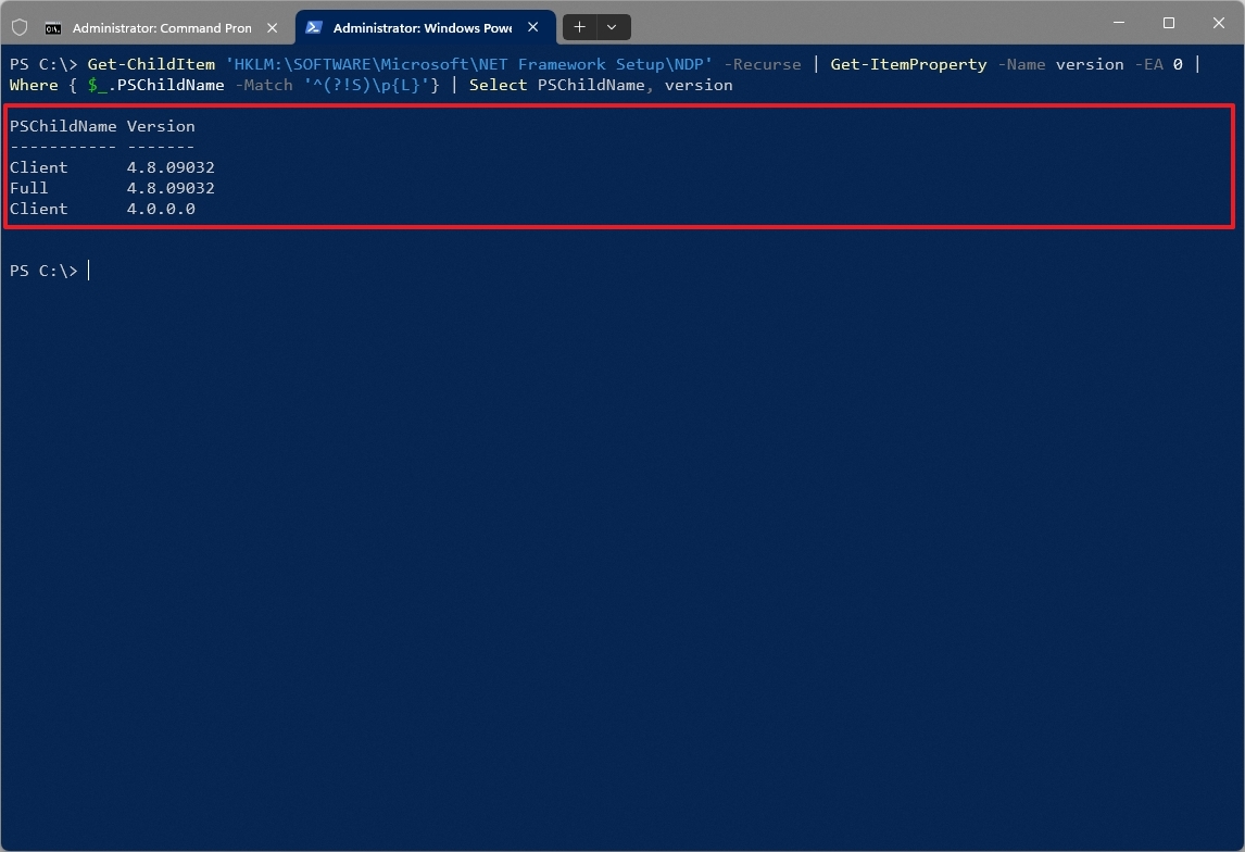 PowerShell check version of .NET command
