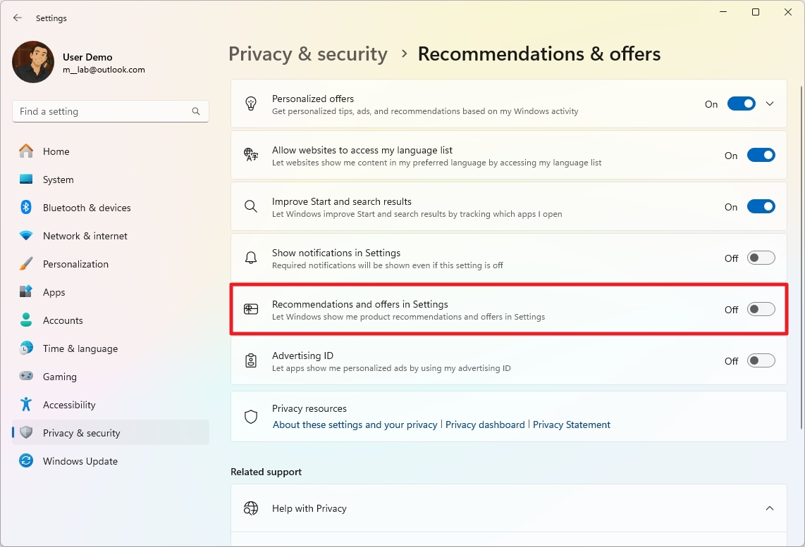 Settings disable ads