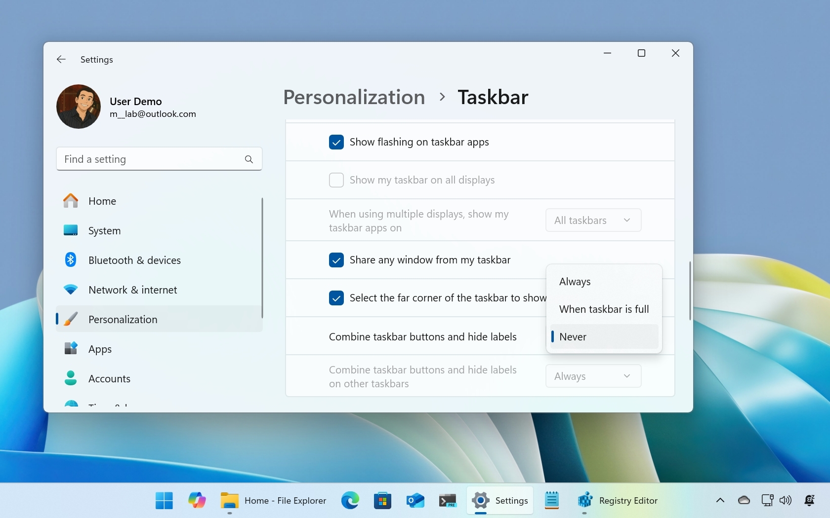 شريط المهام في Windows 11 يظهر أسماء التطبيقات