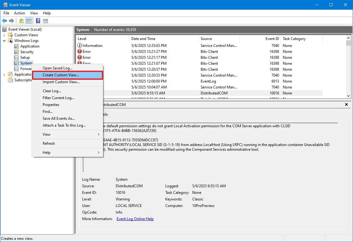 Event Viewer custom view option