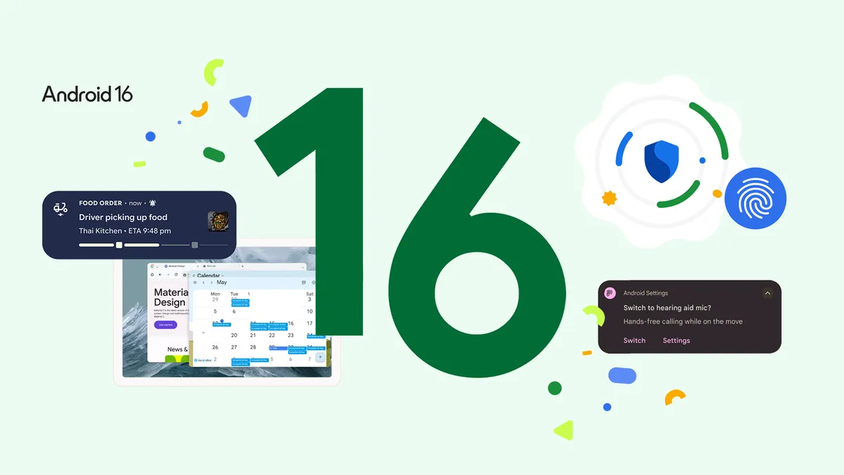 Android 16 logo surrounded by icons of new features