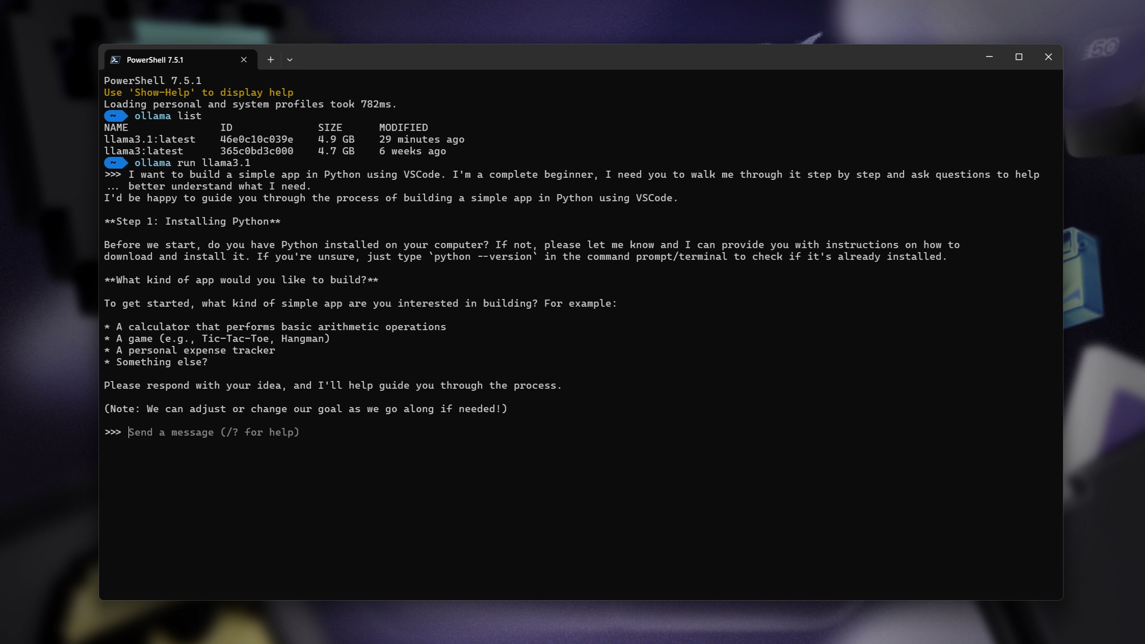التفاعل مع Ollama في PowerShell باستخدام Windows Terminal.