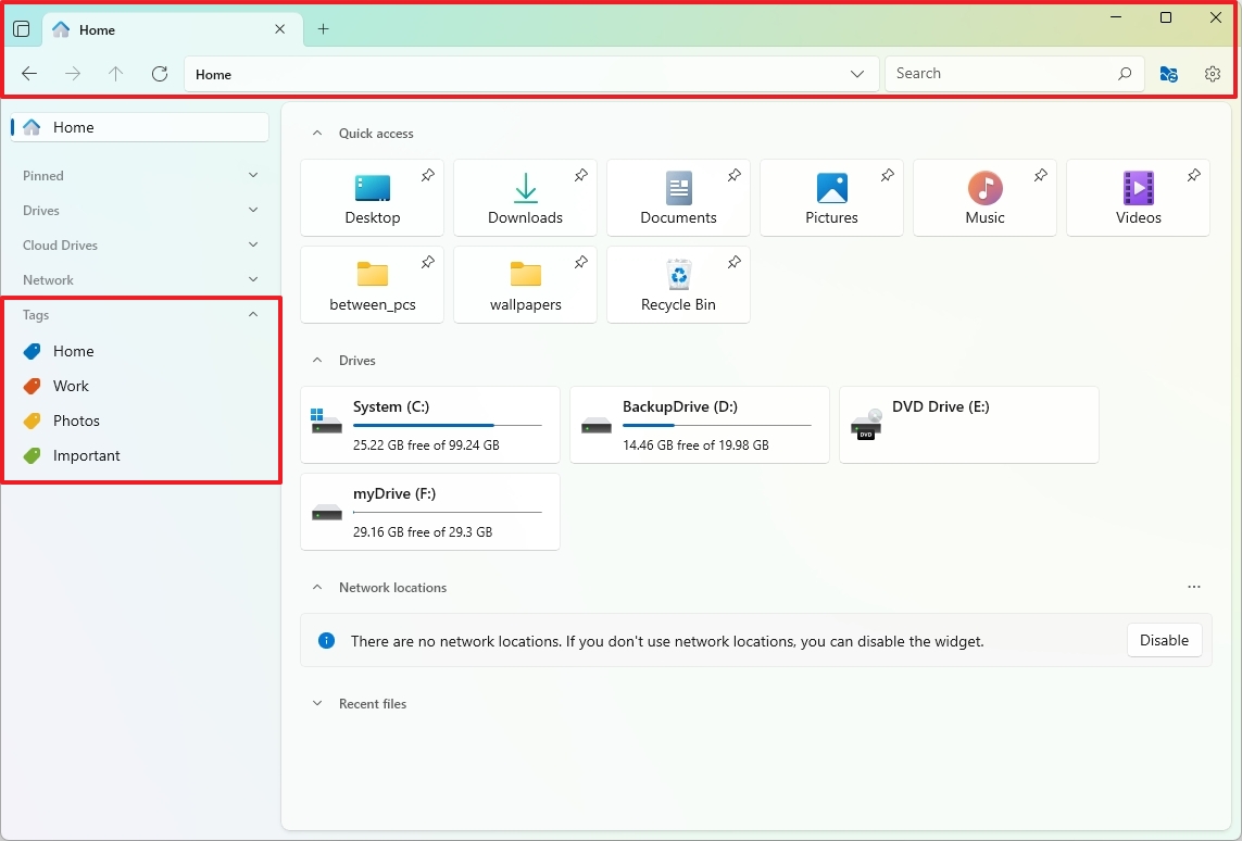 Files header interface
