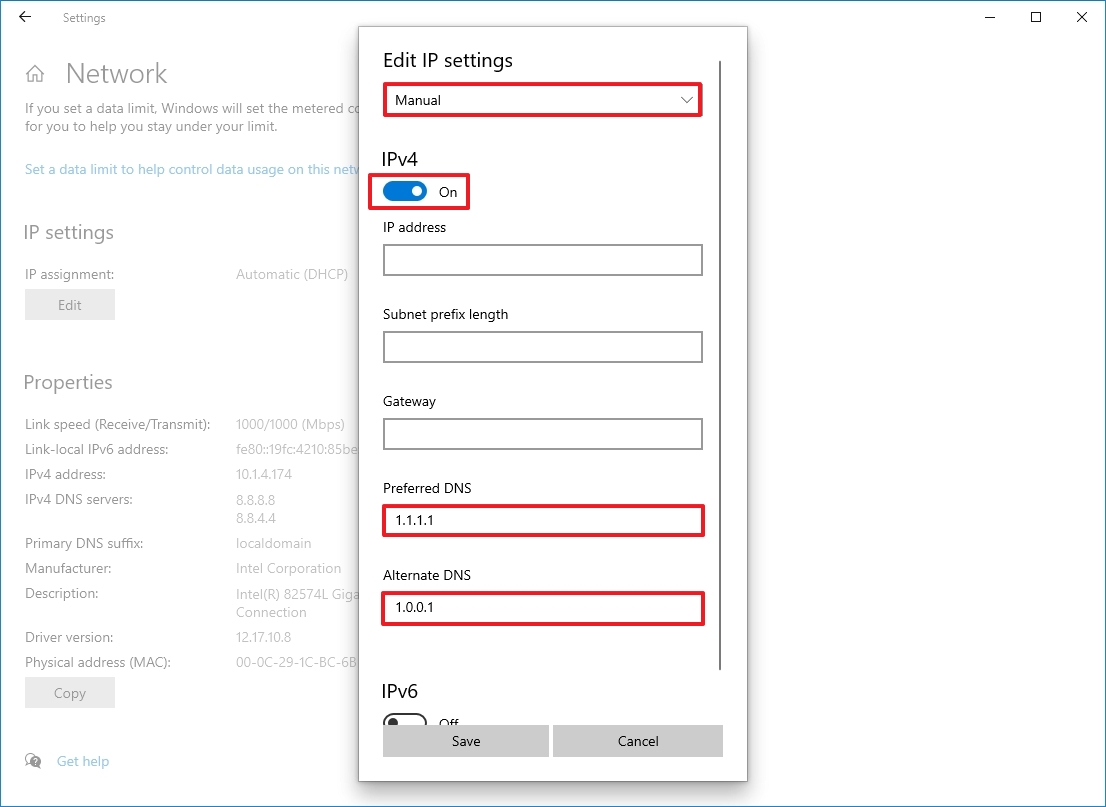 Windows 10 Settings change DNS
