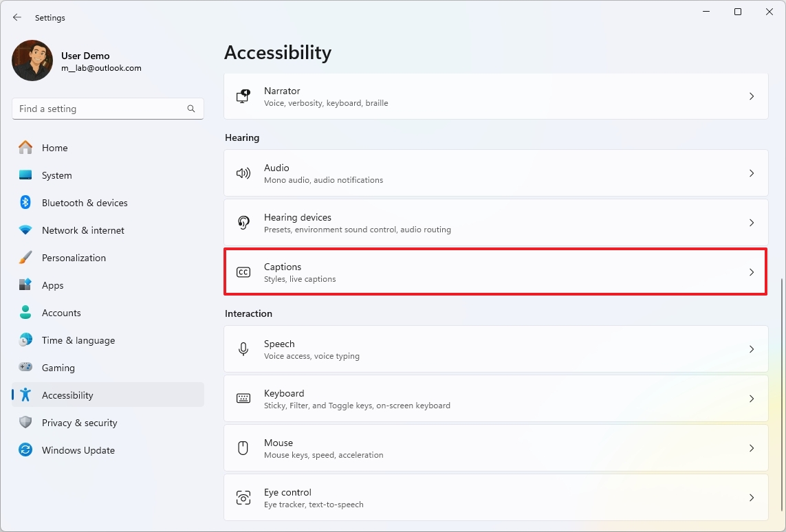 Windows 11 Captions settings