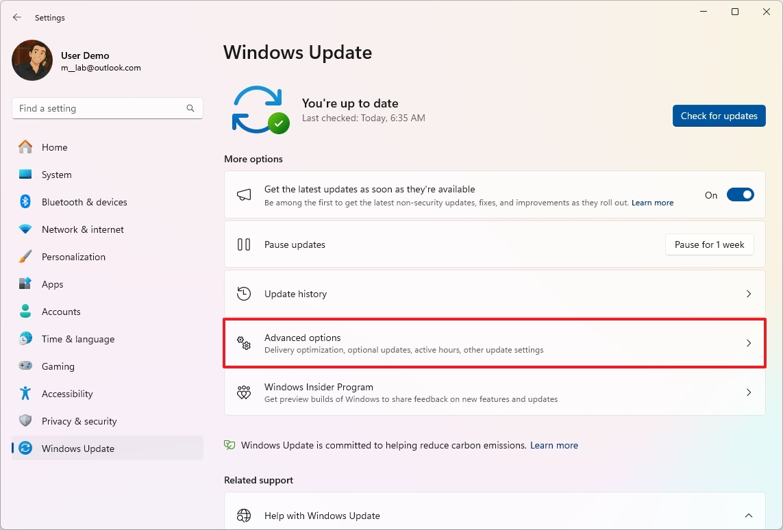 Open Advanced options