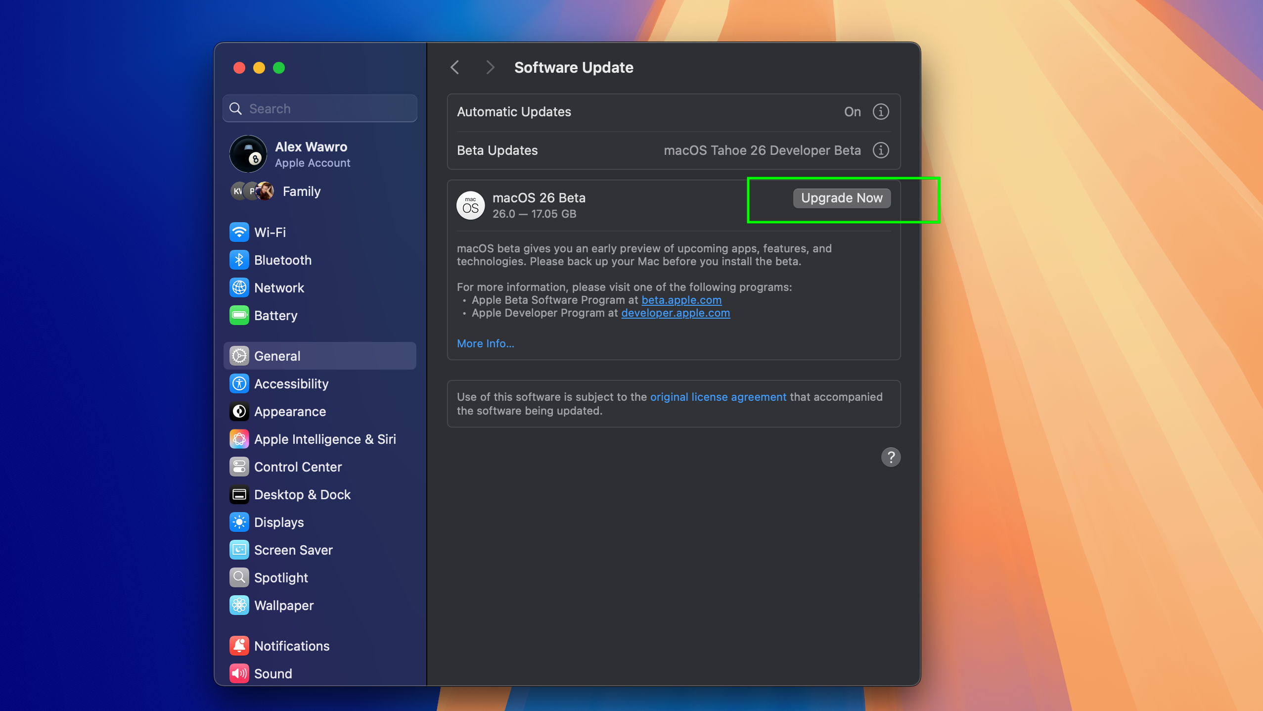 The macOS Tahoe 26 Developer Beta menu option highlighted in the macOS System Settings menu.