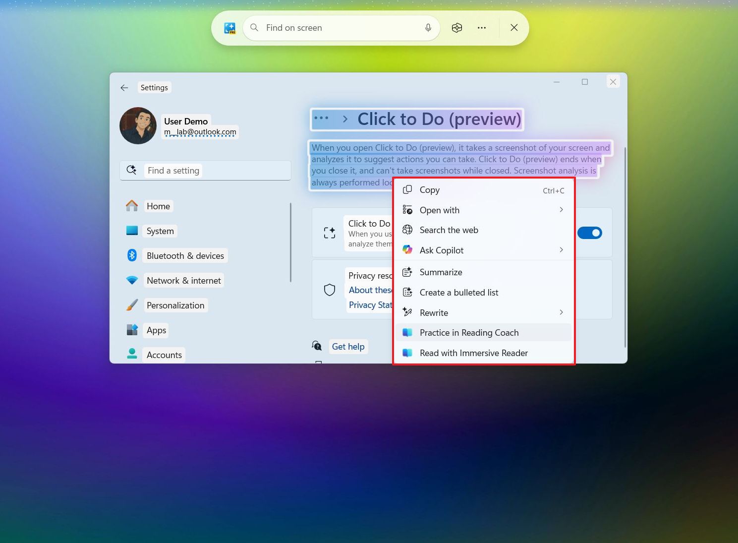Click to Do context menu