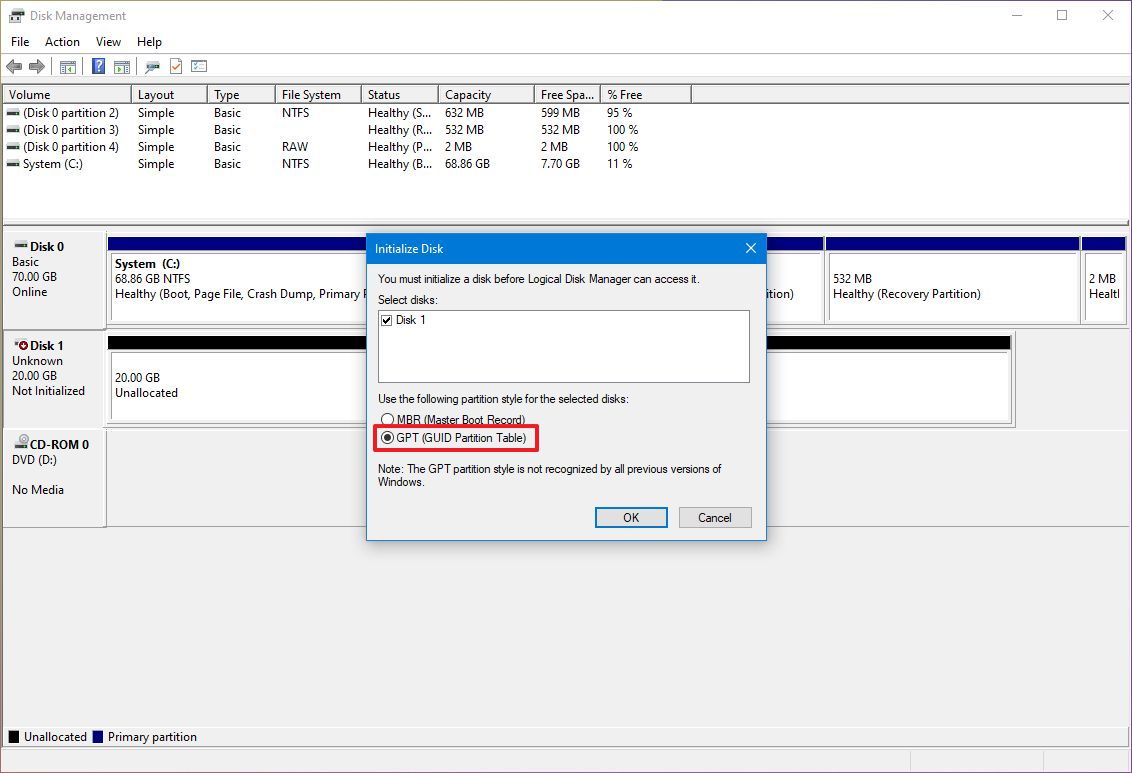 Windows 10 initialize hard drive settings