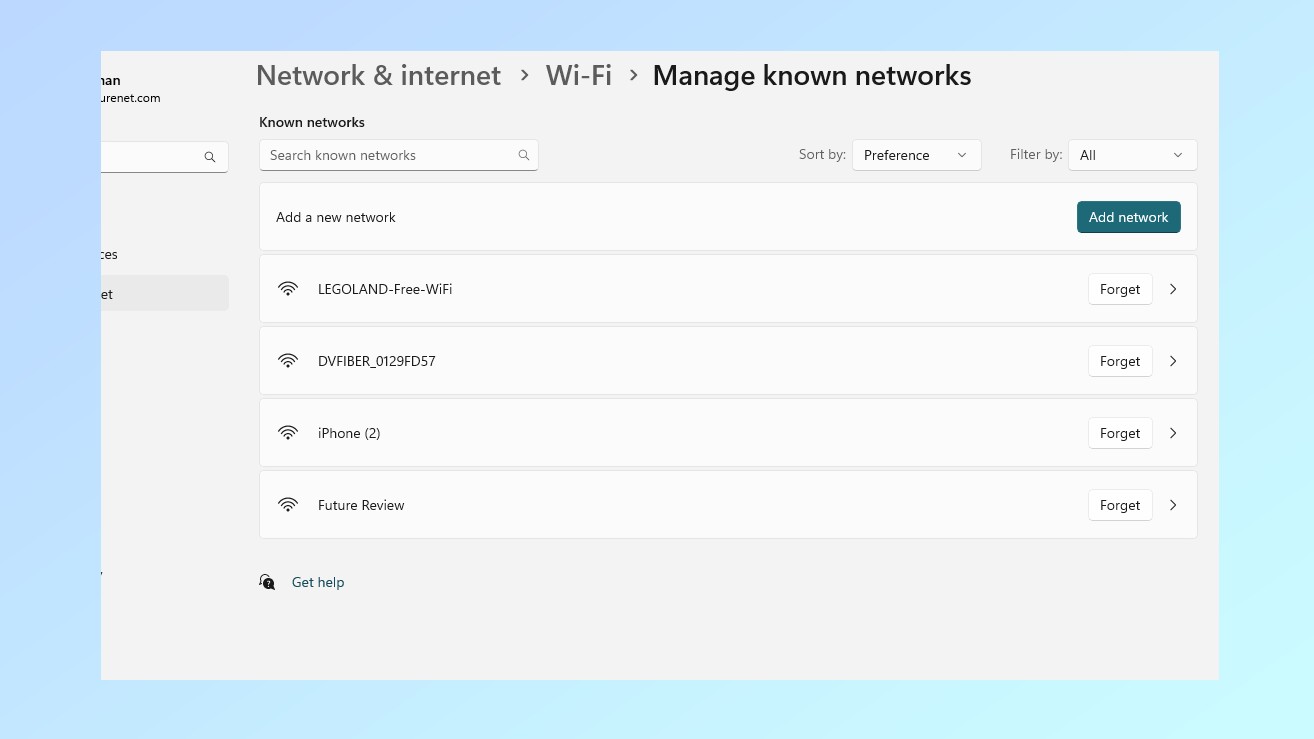 Manage known networks menu in Windows 11 settings