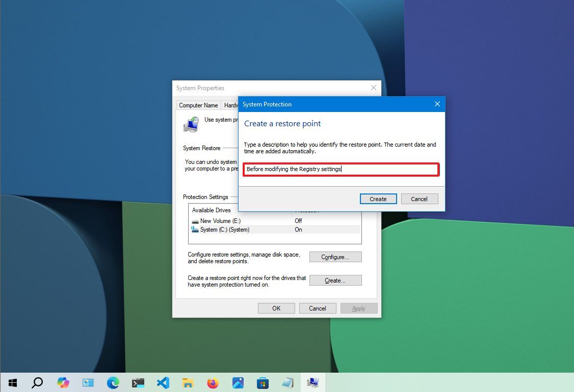 Windows 10 create restore point settings