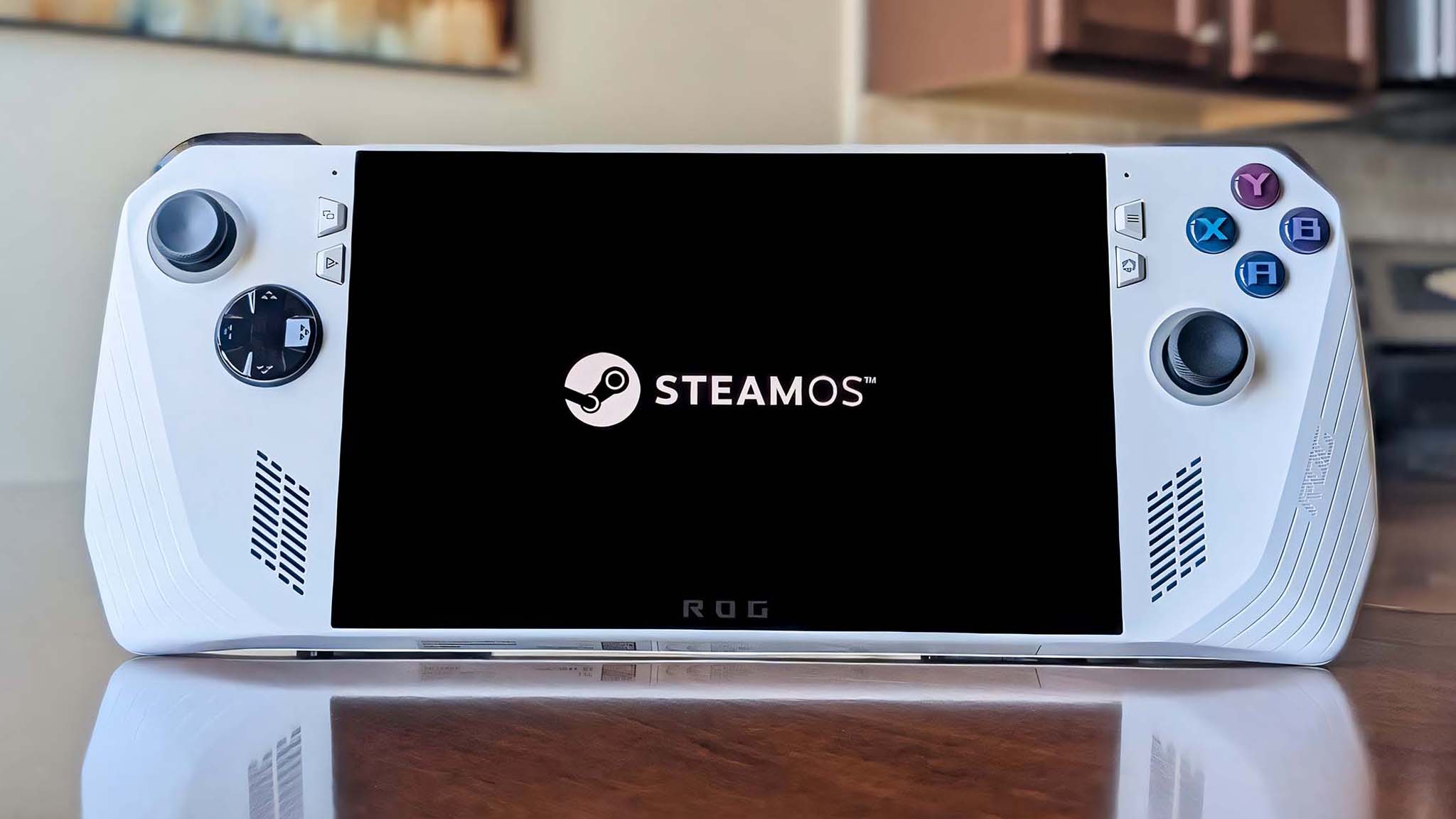 شعار SteamOS معروض على شاشة ROG Ally.
