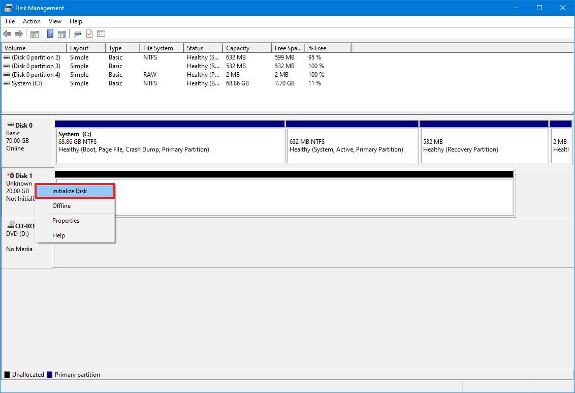 Windows 10 initialize disk option