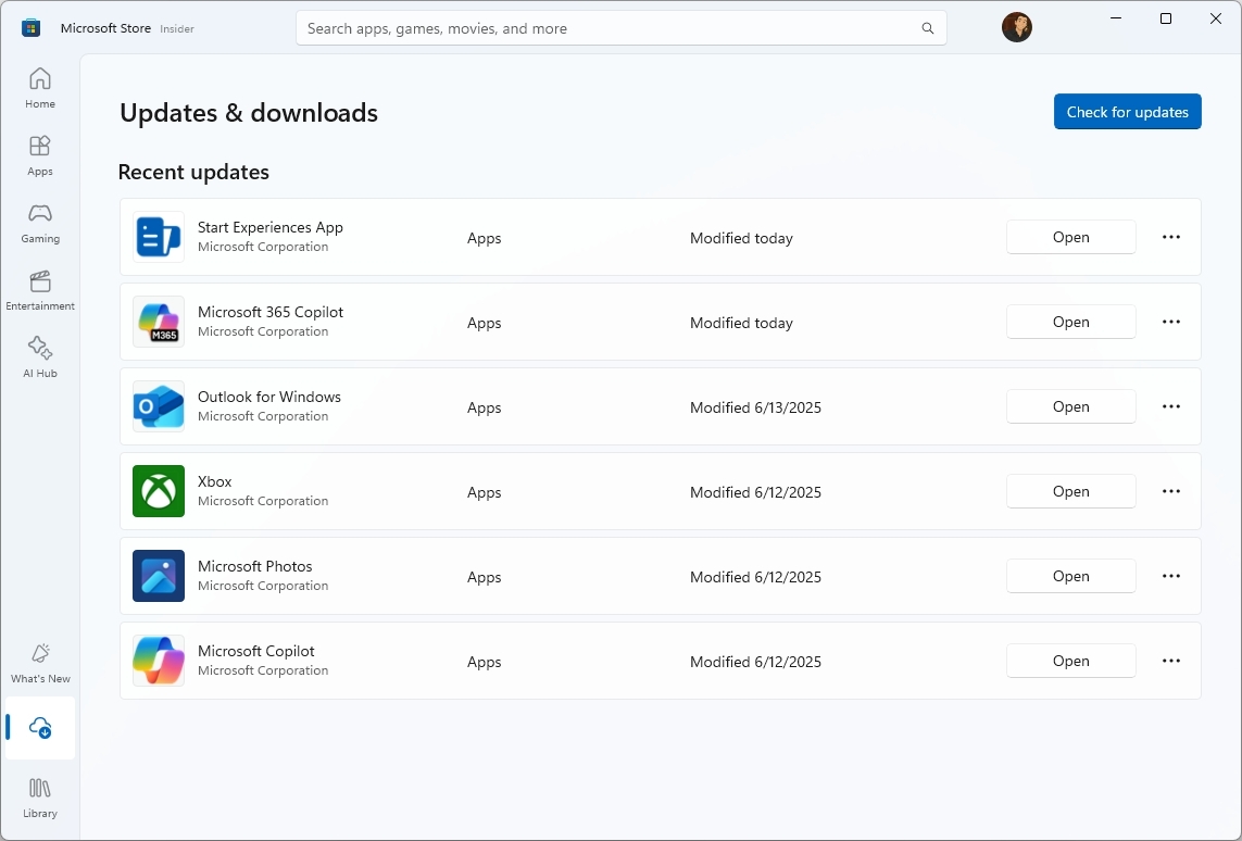 Microsoft Store check for app updates