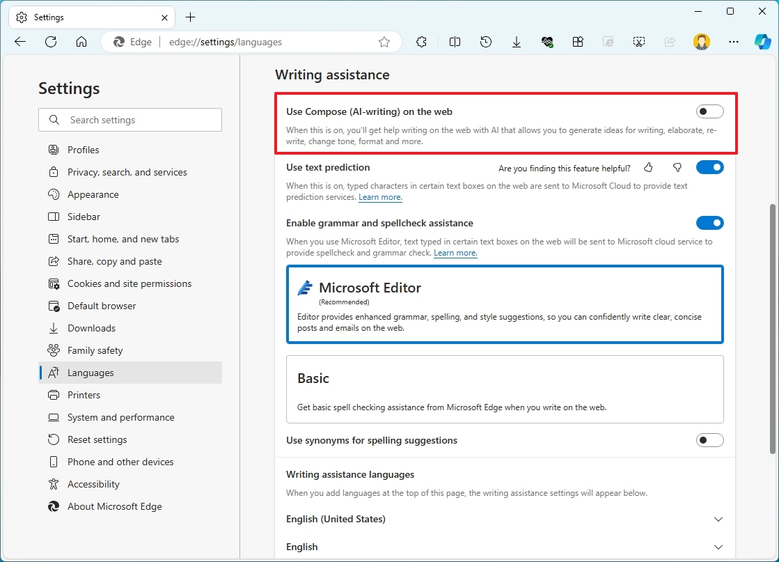 Edge disable Compose AI