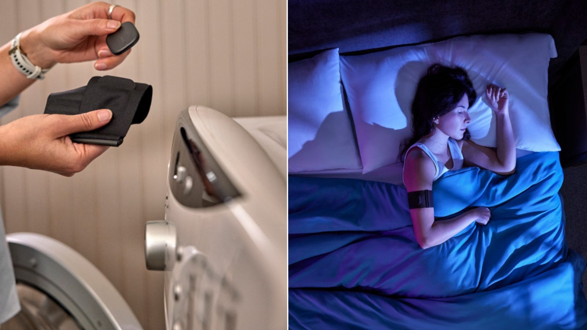 Woman placing Garmin Index Sleep Monitor in washing machine (left). Woman sleeping on her side wearing Garmin sleep monitor arm band on right upper arm (right).