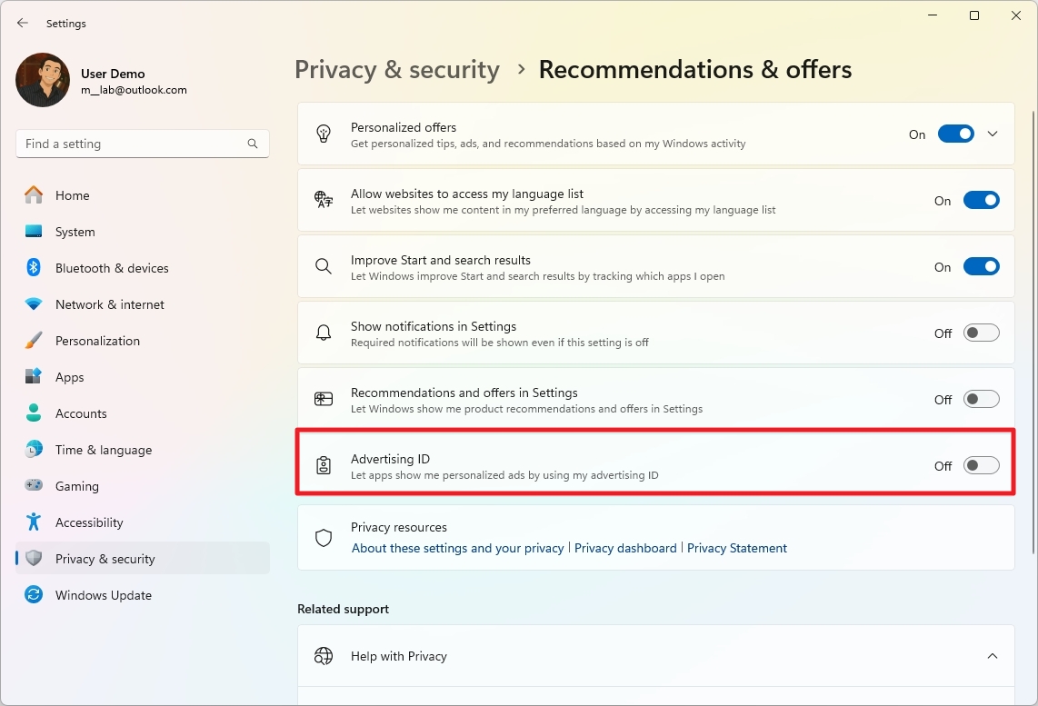 Disable app ads on Windows 11