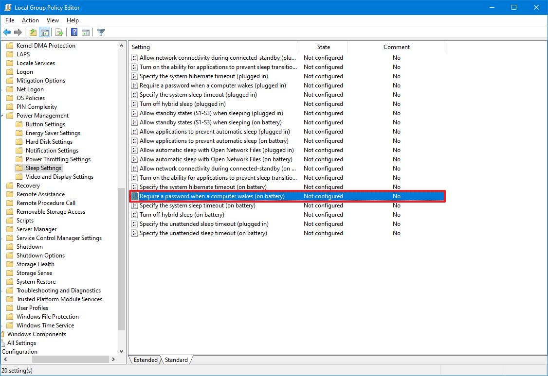 gpedit require password after sleep on battery option