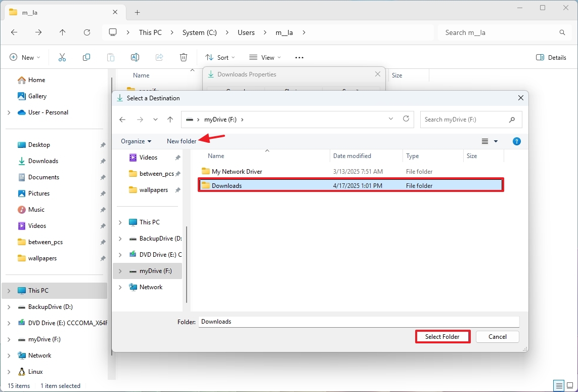 Select Downloads new location