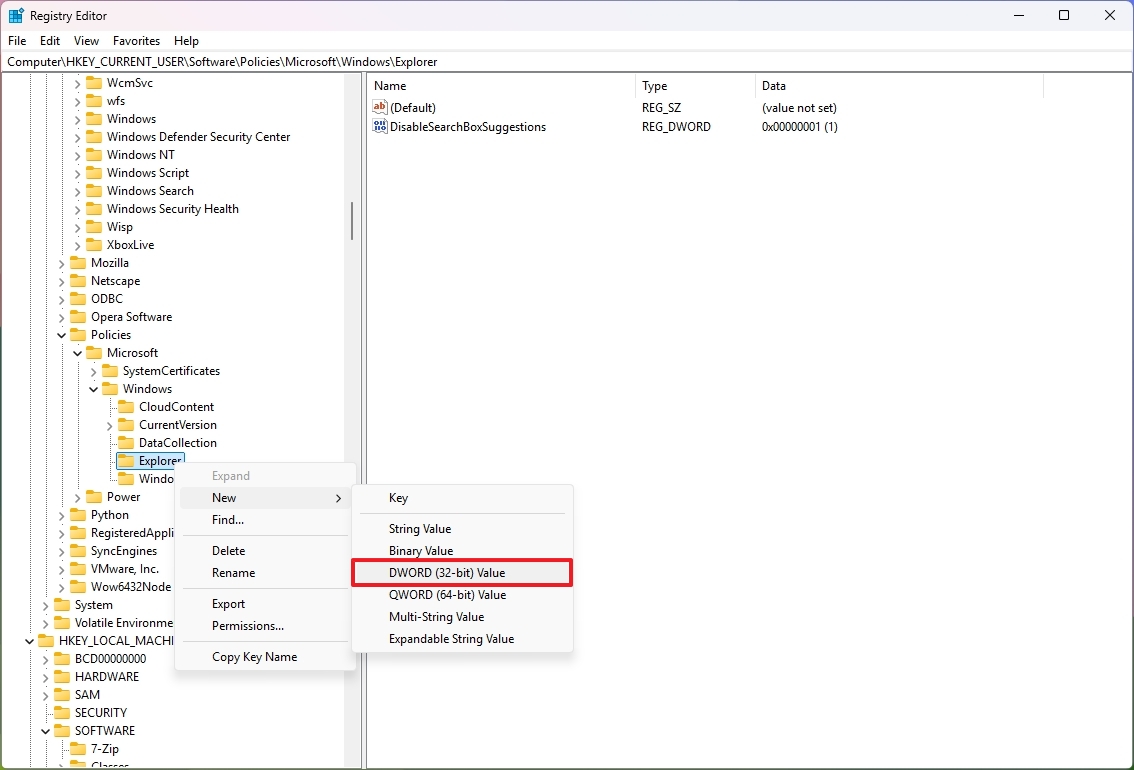 DisableSearchBoxSuggestions Registry key