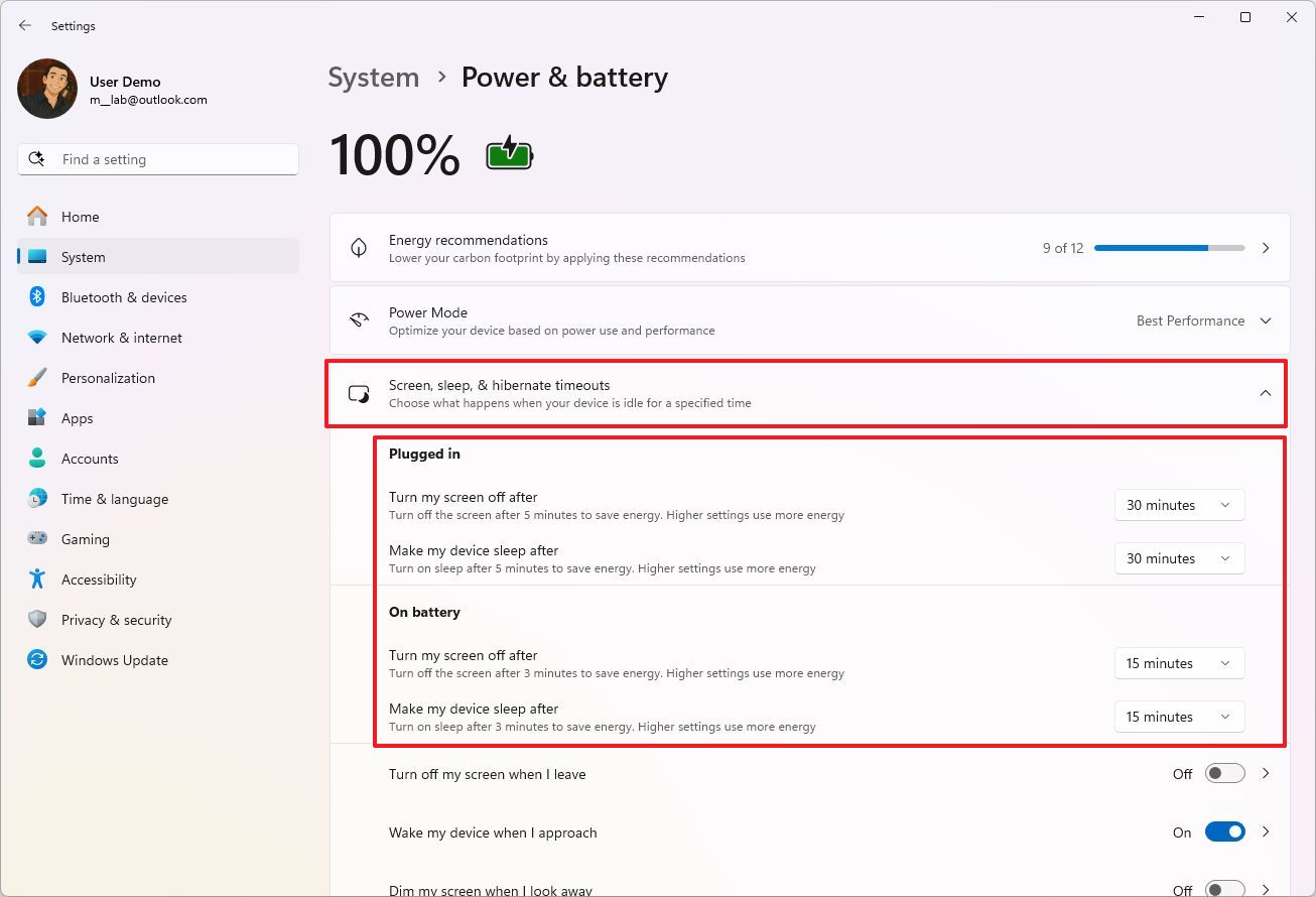 Change screen and sleep timeouts