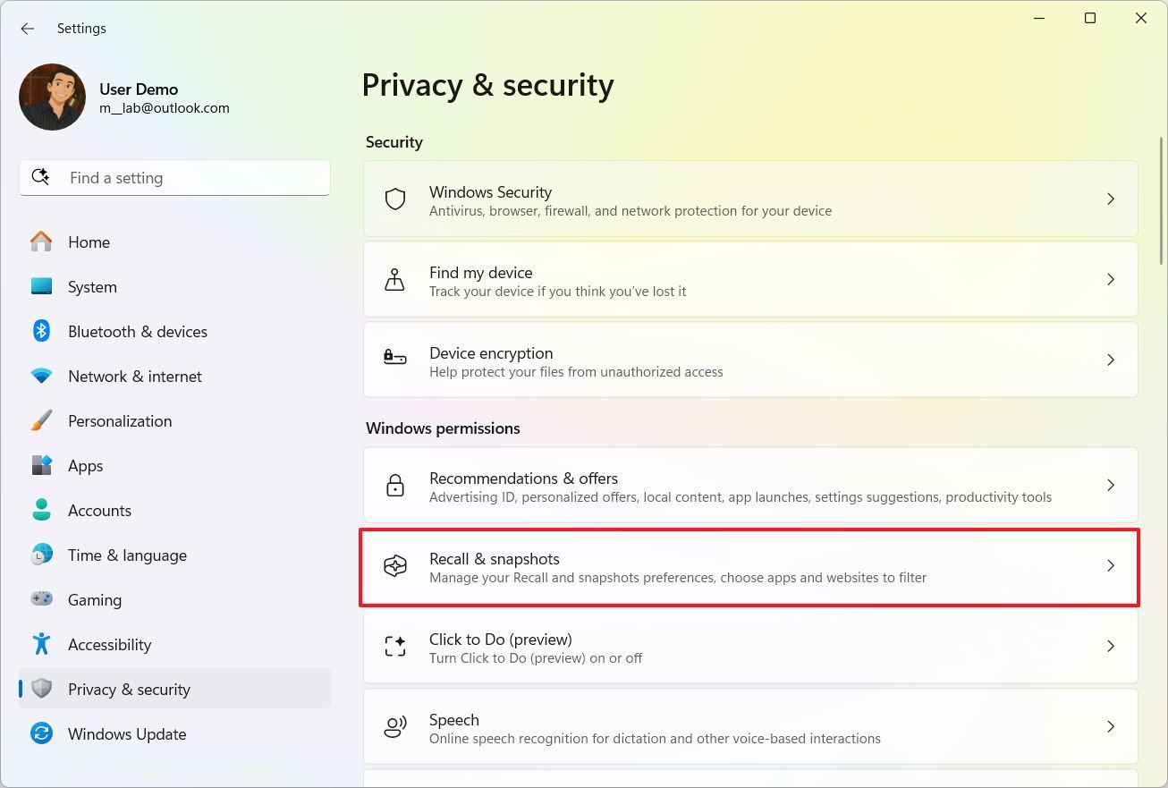 إعدادات Recall واللقطات