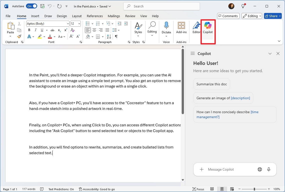 Microsoft Word Copilot option