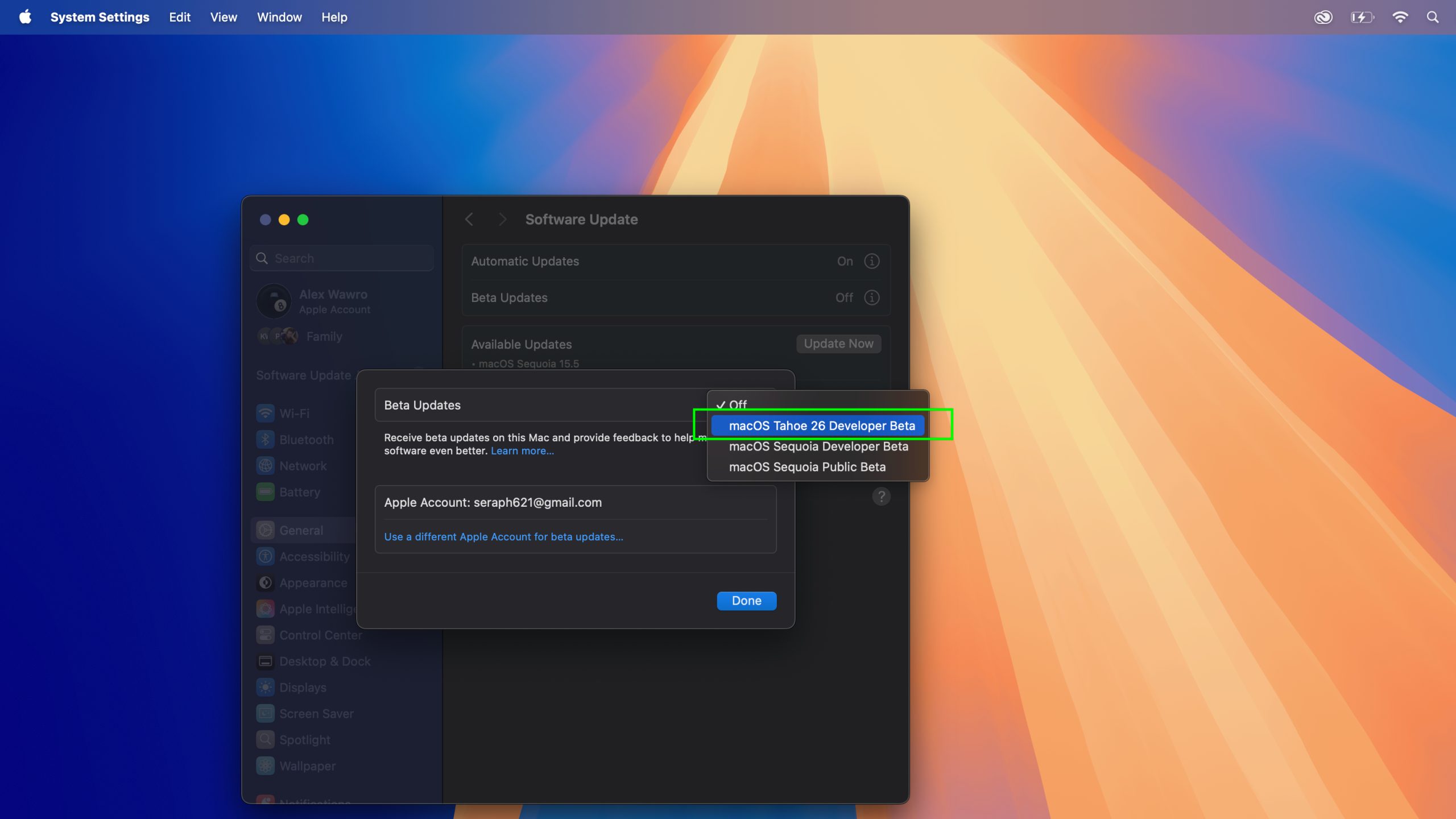 the macOS Tahoe 26 developer beta menu of macOS