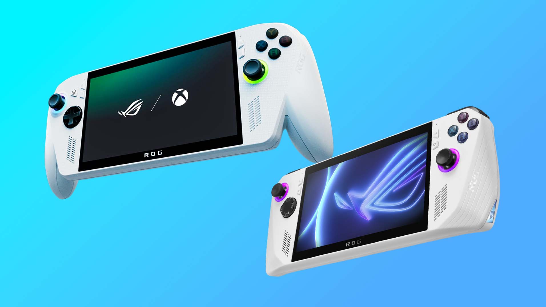 Xbox Ally vs ROG Ally X on blue background.