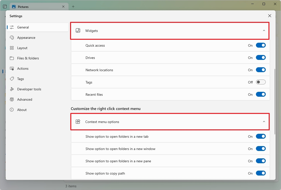 Files App home and context menu settings