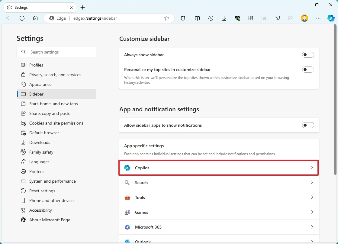 Copilot setting on Edge