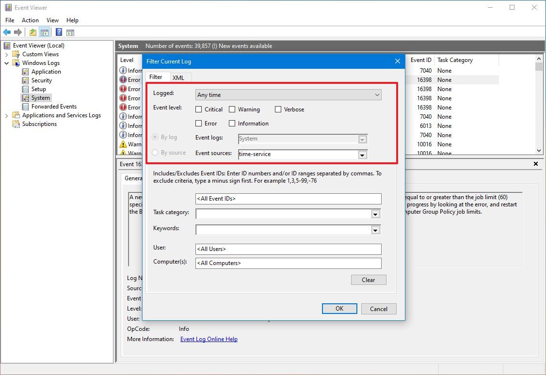 Event Viewer Filter Settings