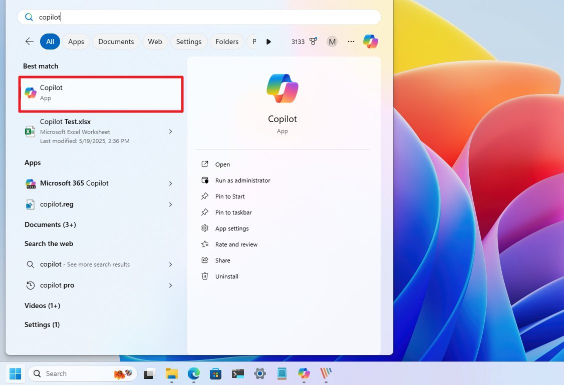 Start menu open Copilot app