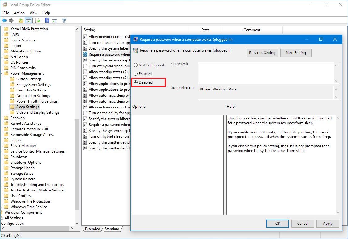 Disable require password after sleep plugged in