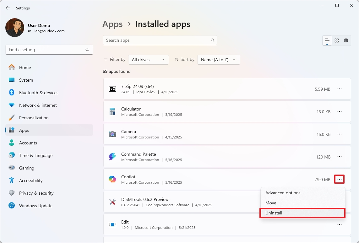 Uninstall Copilot app