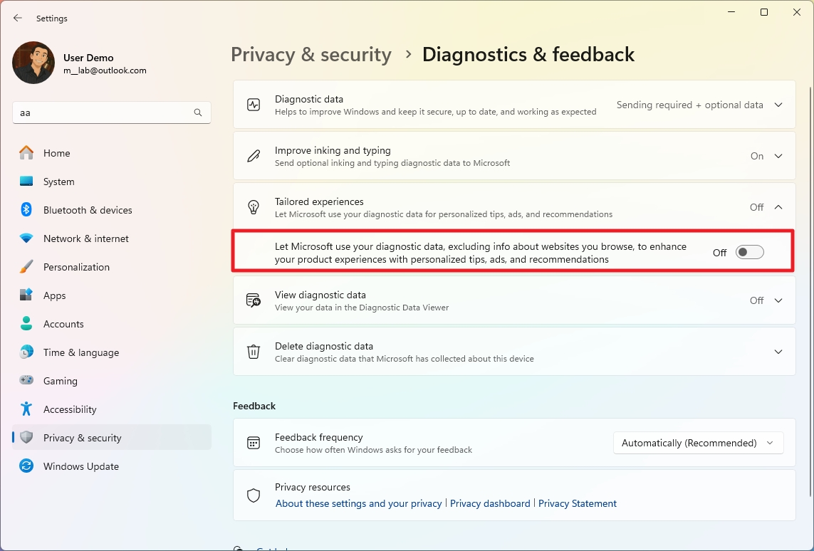 Diagnostic data disable ads on Windows 11