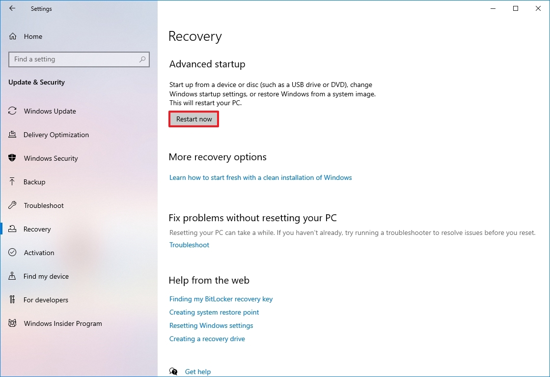 Advanced startup restart now option