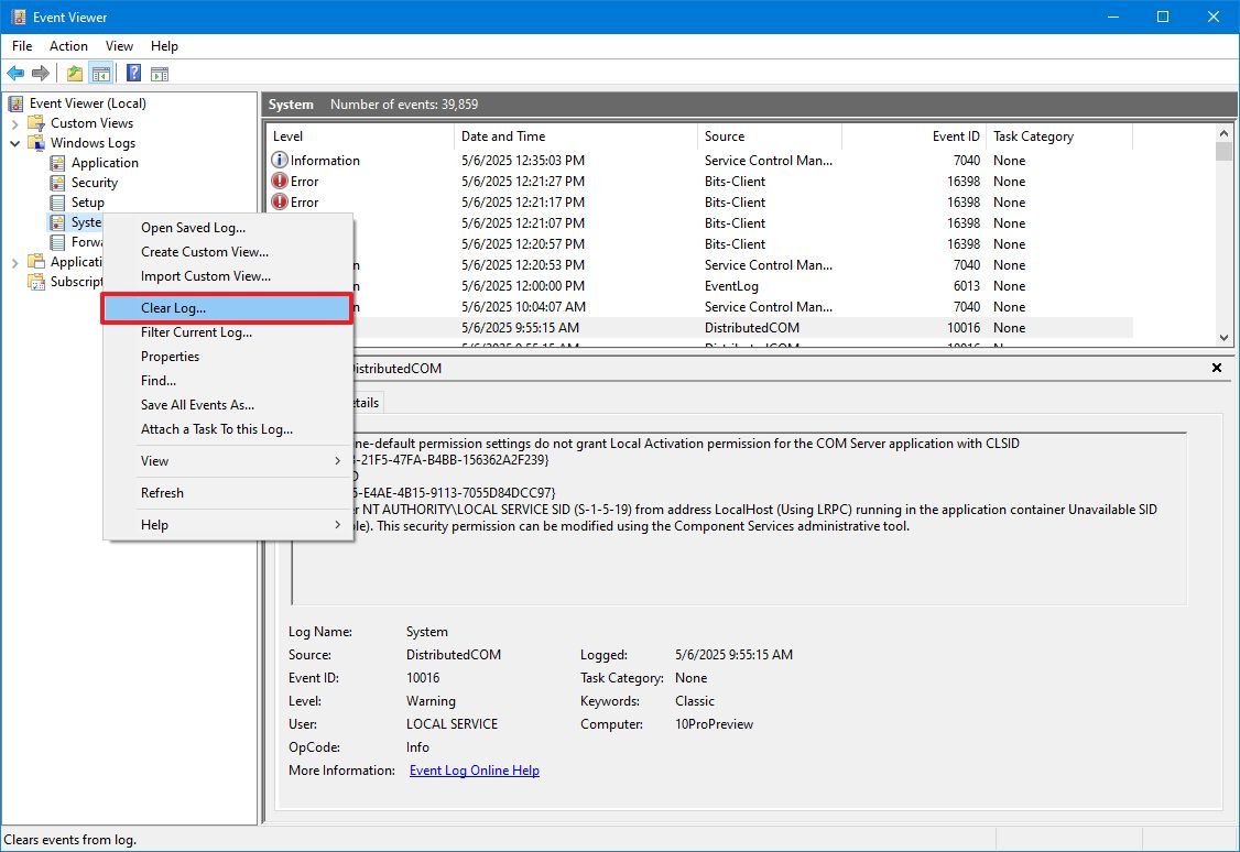 Event Viewer Clear log option