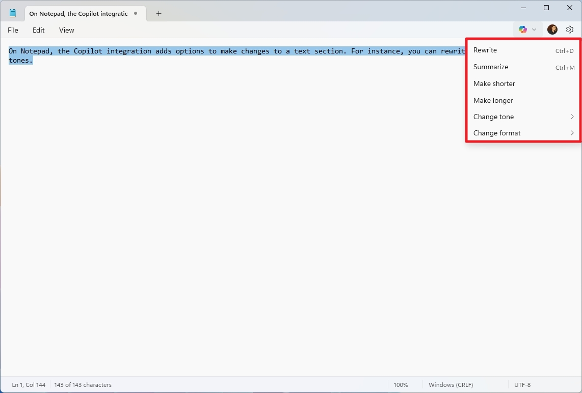 Notepad Copilot actions