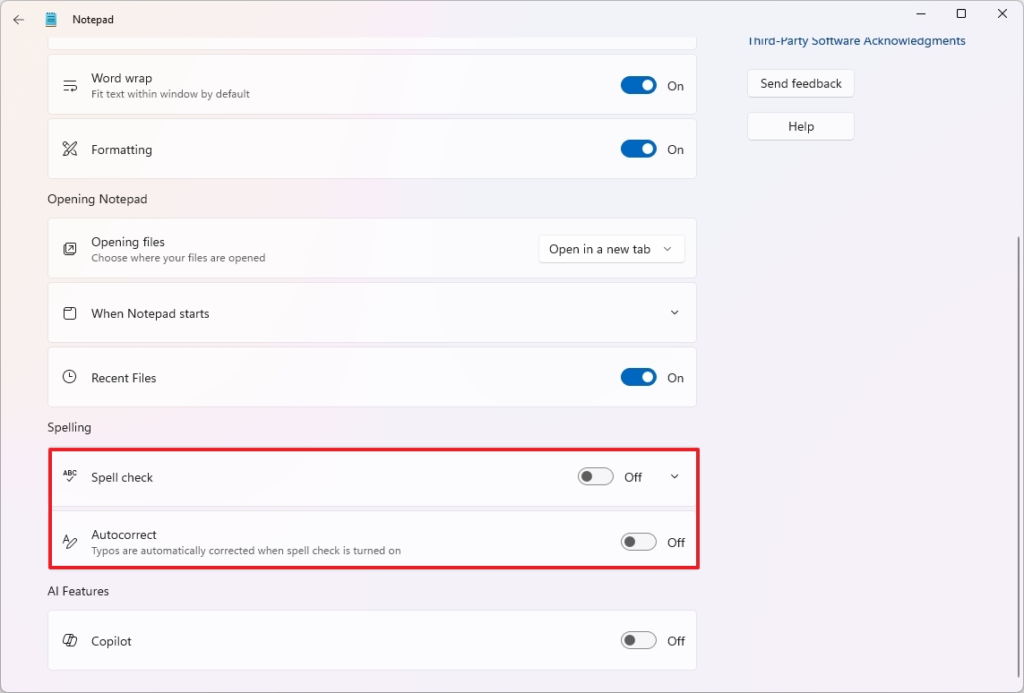 Notepad disable spelling and autocorrect