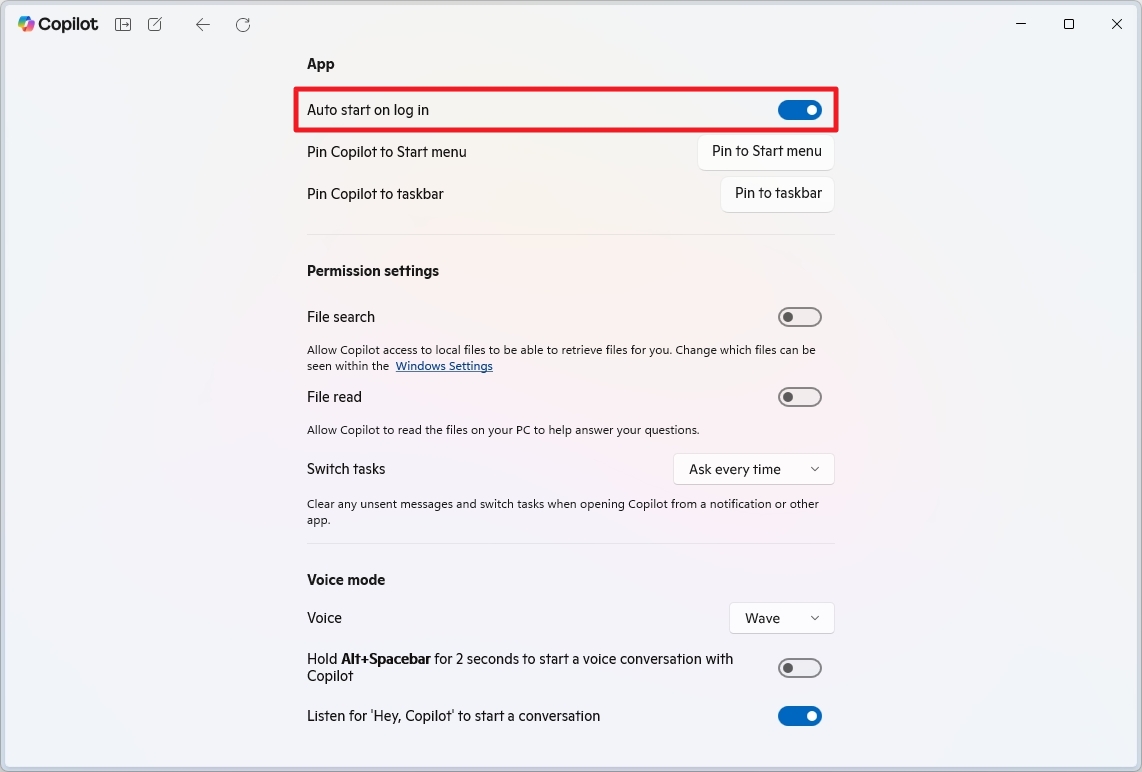 Copilot app launch at startup