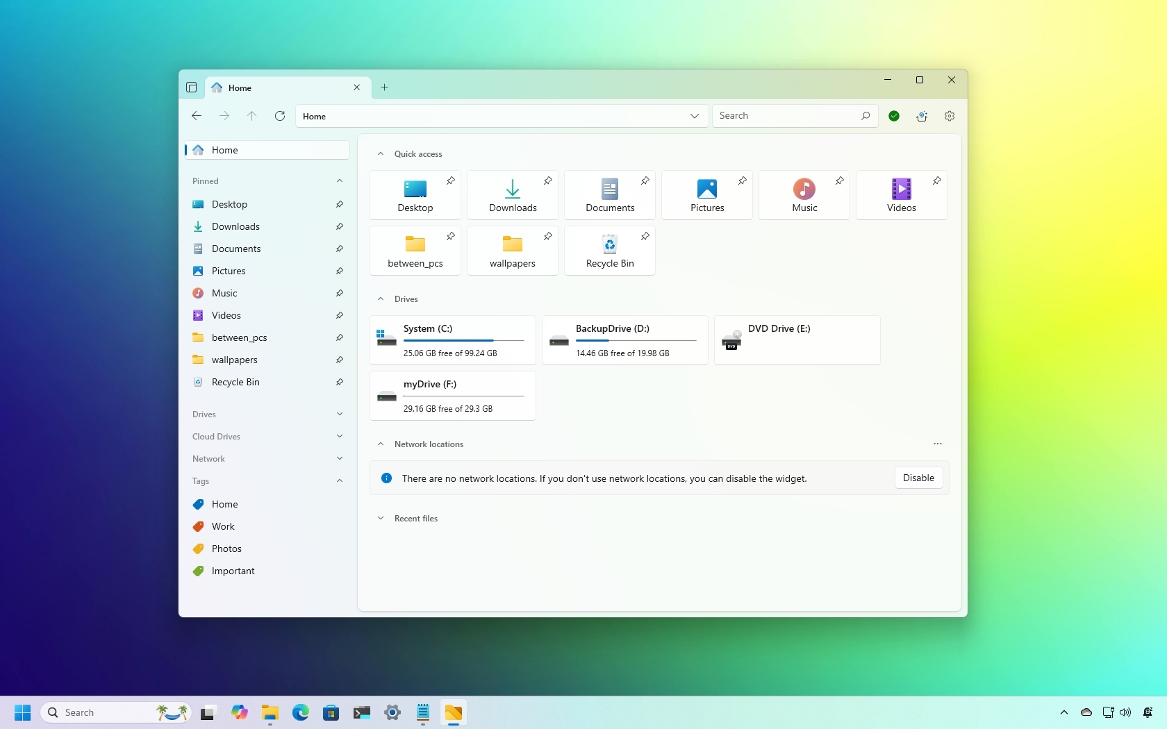 واجهة تطبيق Files الرئيسية