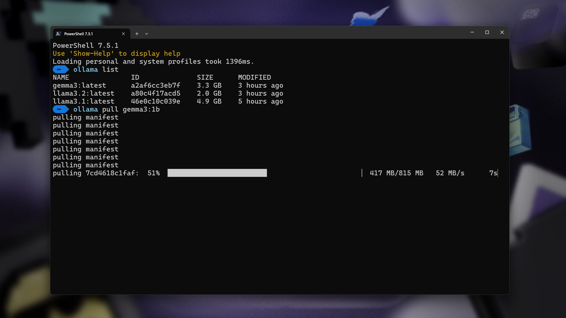 Pulling the 1 billion parameter Gemma 3 model in Ollama on Windows 11.