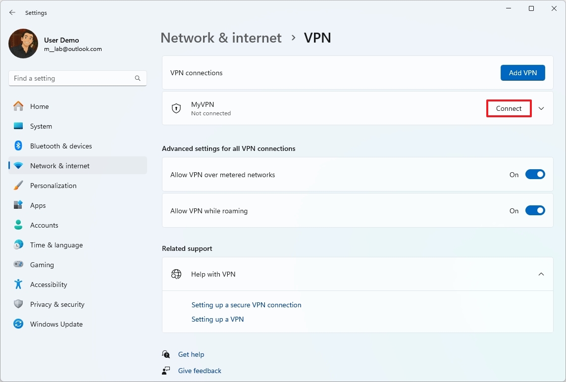 Connect to VPN via Settings