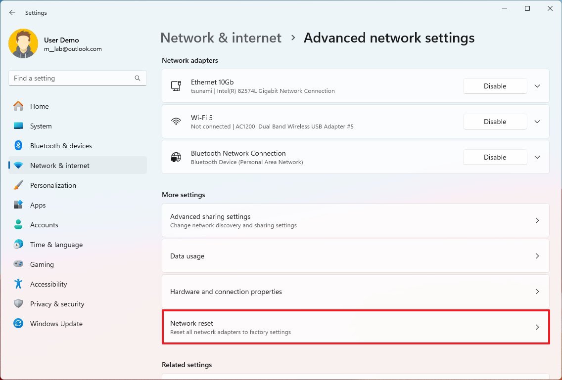 إعادة تعيين الشبكة