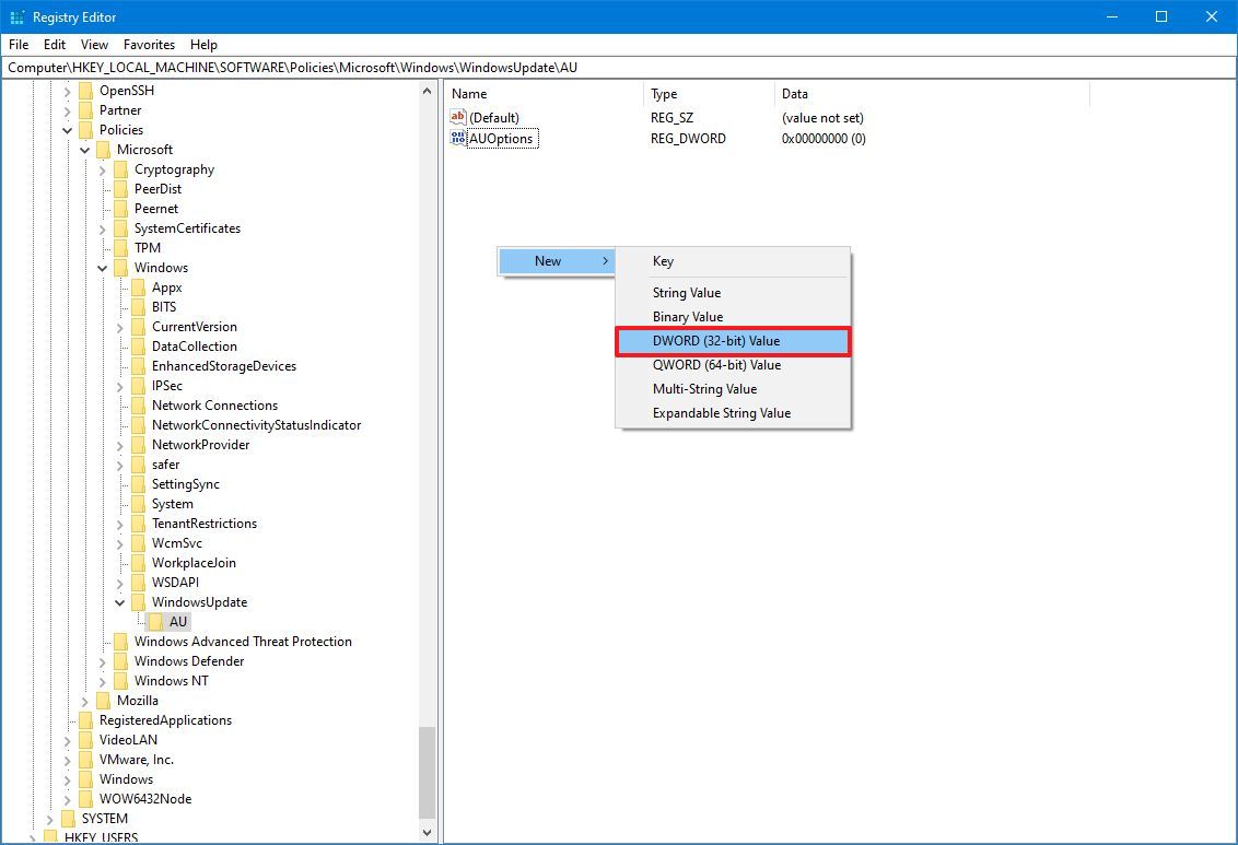Windows 10 AUOptions registry key